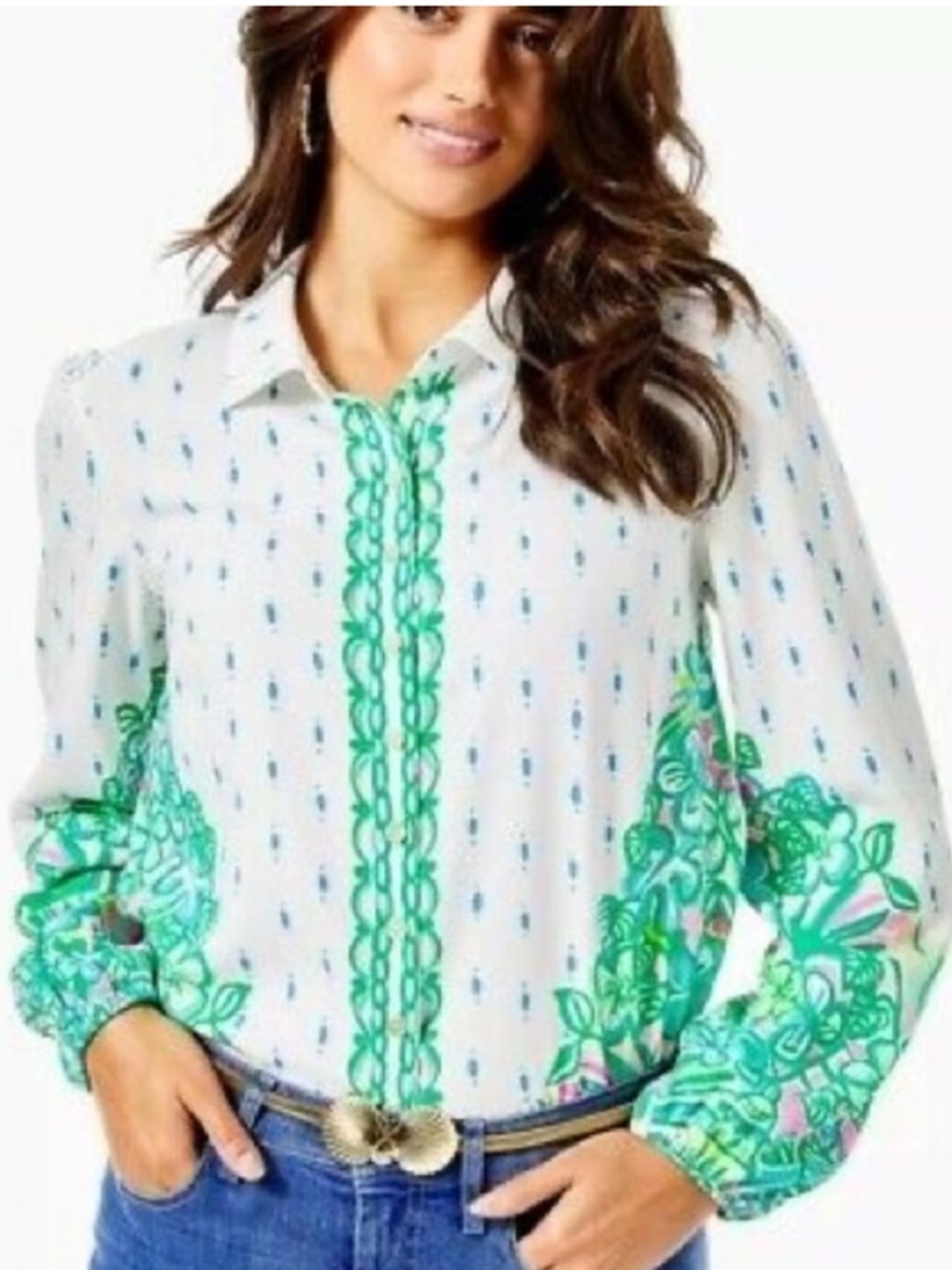 Lilly Pulitzer White Blouse with Green & Pink Botanical Border